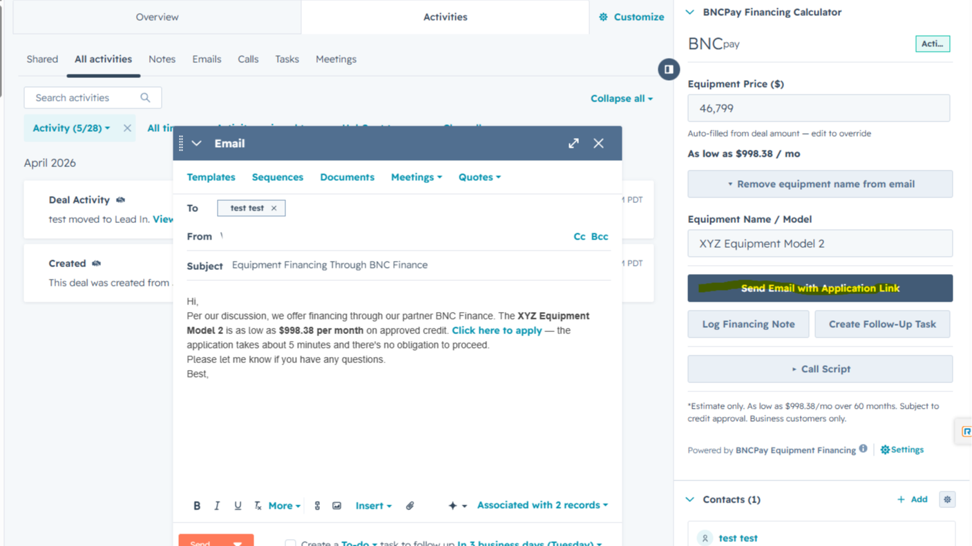 BNCPay-kort åpner en forhåndsutfylt HubSpot-e-post med en lenke til finansieringssøknaden